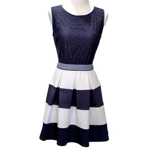 Speechless Navy White Striped Lace Fit Flare Dress Large